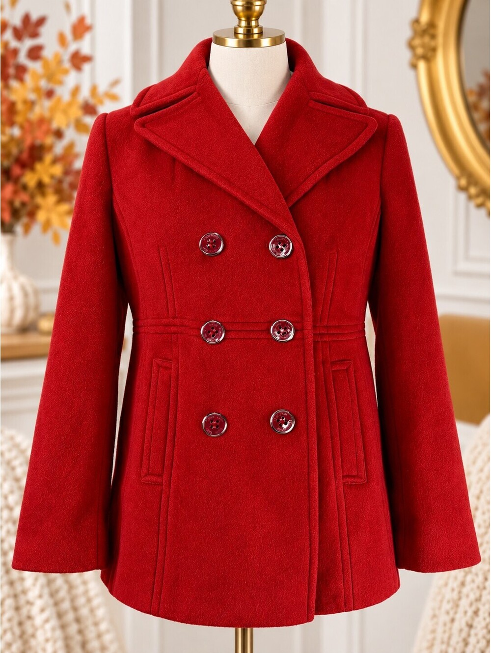 Calvin Klein Women’s 8P Red Wool Blend Double Breasted Peacoat Jacket